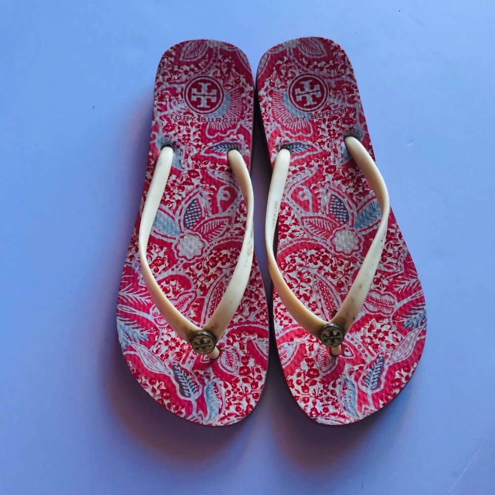 Tory Burch Red Floral Flip Flops